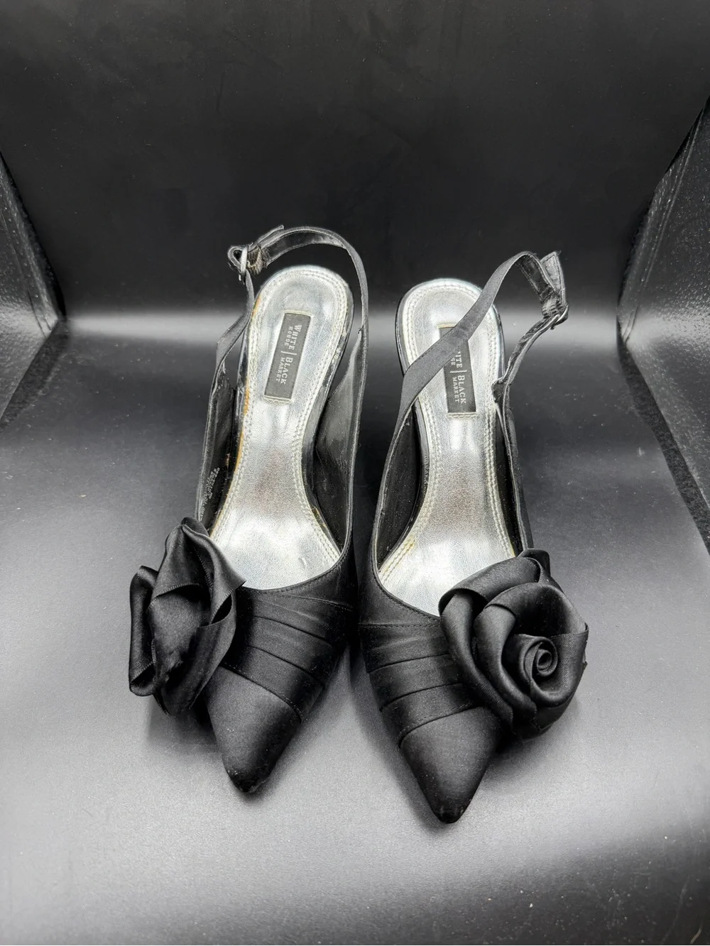 White House black market Elegant Black Satin Slingback Heels with Rosette